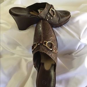 Cole Haan dark chocolate embossed mules